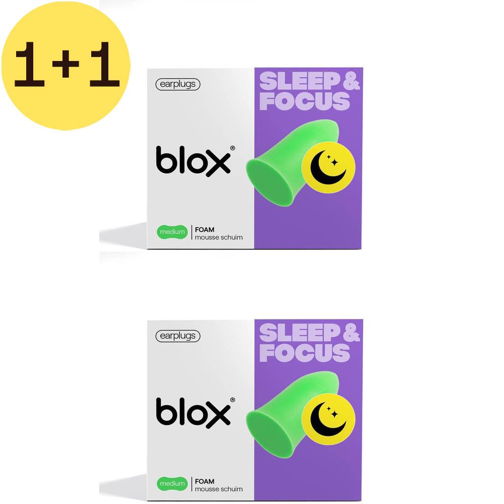 Twee dozen met groene oordopjes. Opschrift "blox" en "1+1 GRATIS". Op een doos staat "SLEEP & FOCUS".