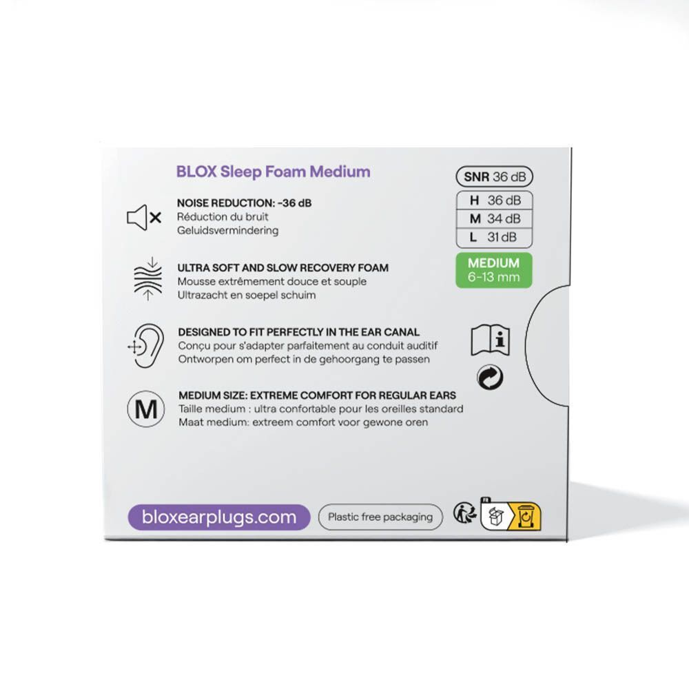 Dos de l'emballage avec informations sur le produit. Texte en plusieurs langues. Inscription "bloxearplugs.com".