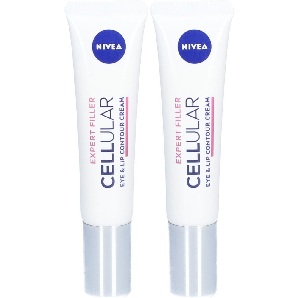 Twee witte crèmetubes met blauw logo en tekst. Opschrift: Cellular Expert Filler Eye & Lip Contour Cream.
