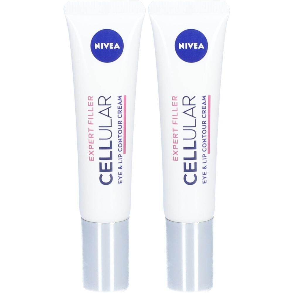 Twee witte crèmetubes met blauw logo en tekst. Zilverkleurige sluiting. Opschrift: Cellular Eye & Lip Contour Cream.