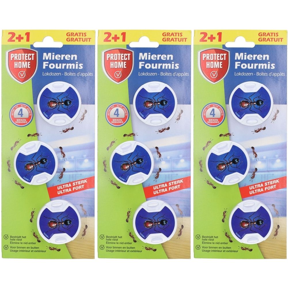Drie verpakkingen PROTECT HOME Mieren Fourmis. Elke verpakking bevat drie ronde lokdozen met een mierenontwerp.