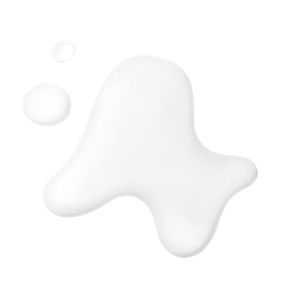 Witachtige vloeistof op witte achtergrond. Drie druppels, waarvan één groter.