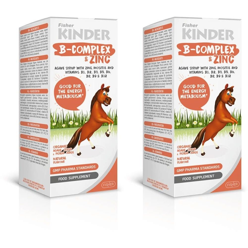 Boîte de Fisher KINDER B-COMPLEX & ZINC. Contient du sirop d'agave, de l'inositol et des vitamines. Avec un cheval. Normes GMP Pharma.