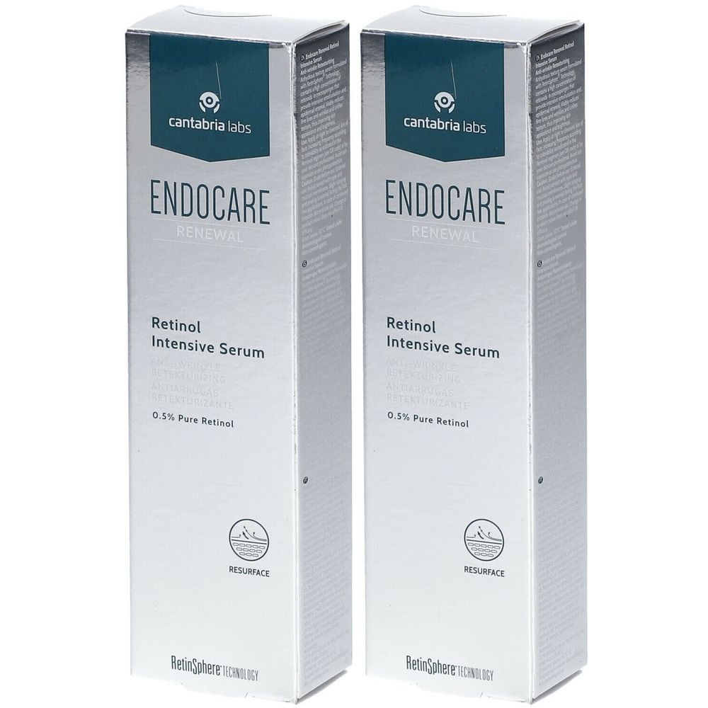 Deux boîtes rectangulaires. Inscription : ENDOCARE RENEWAL, Retinol Intensive Serum, 0,5% Pure Retinol. Logo et nom de marque : cantabria labs.