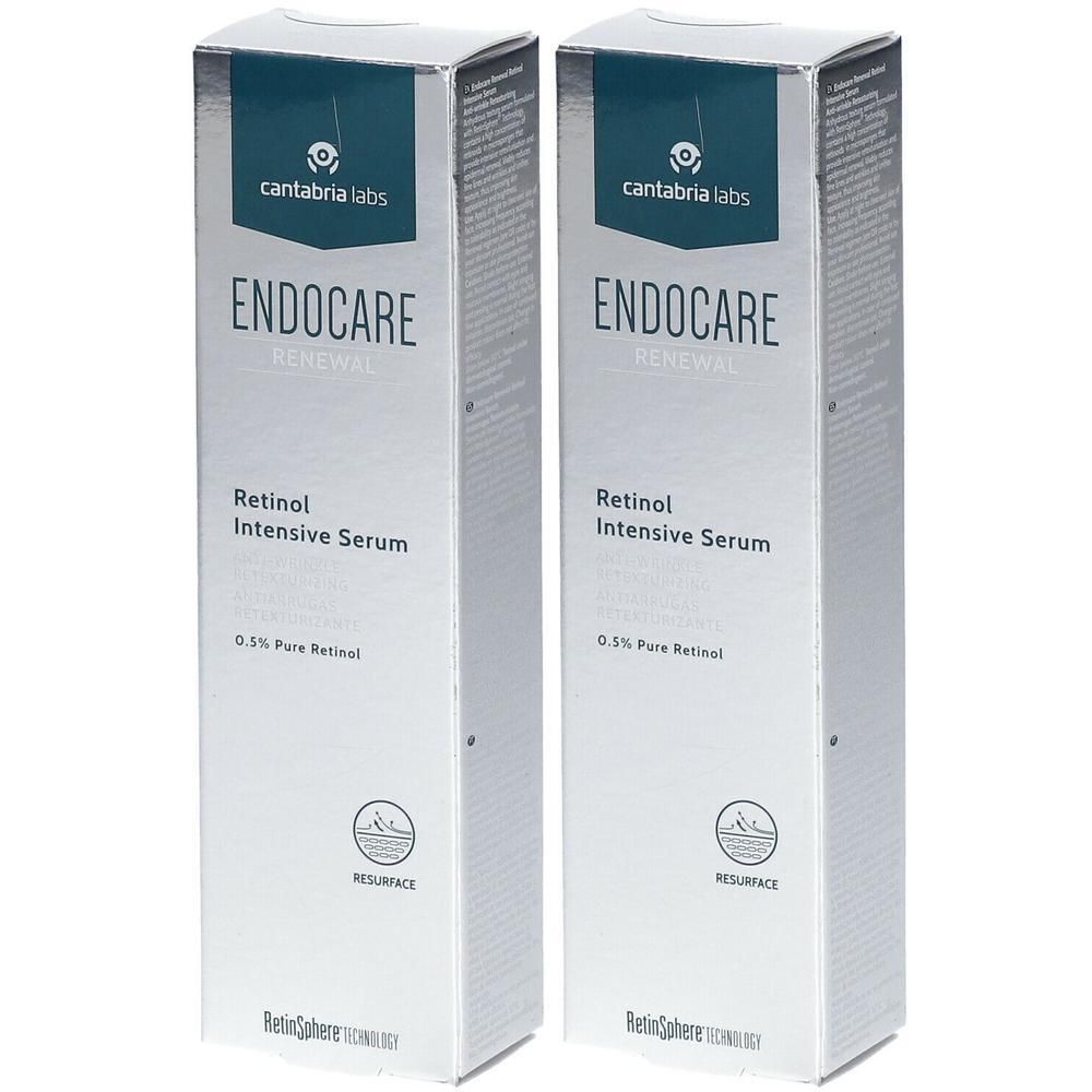Twee dozen Endocare Renewal Retinol Intensive Serum. Zilveren verpakking met productnaam en logo.