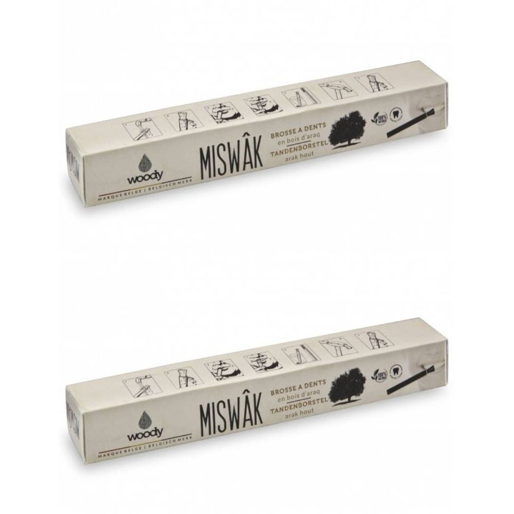 Deux emballages rectangulaires crème. Inscription MISWAK, logo Woody et illustrations.