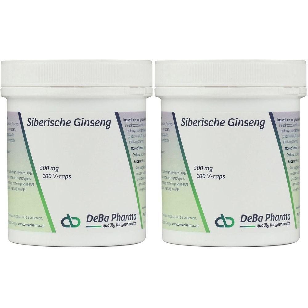 Deux pots blancs avec couvercles. Inscription: Siberische Ginseng, 500 mg, 100 V-caps. Marque: DeBa Pharma.