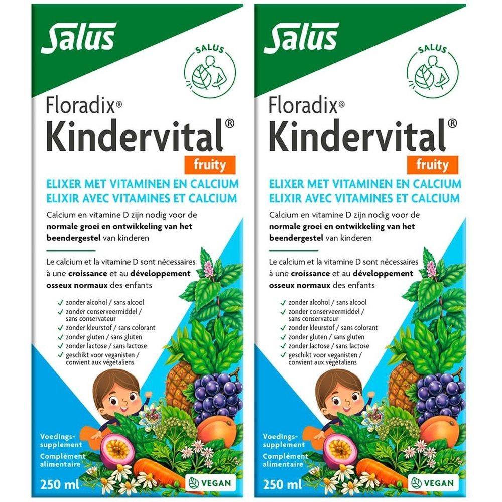 Deux boîtes de Salus Floradix Kindervital Fruity. Élixir avec vitamines et calcium. Illustration de fruits et enfant. Vegan.