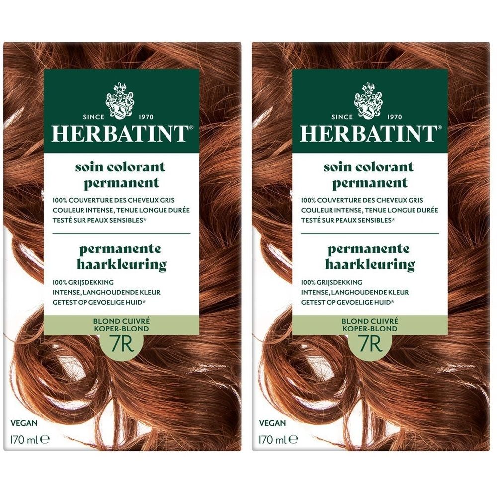 Twee dozen Herbatint haarkleuring. Opschrift: Soin colorant permanent, Blond Cuivré 7R. Vegan. 170 ml.