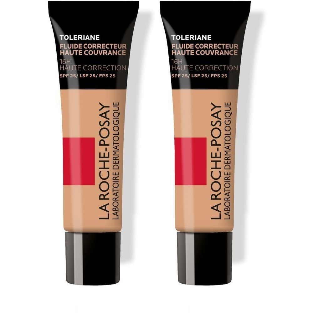 Deux tubes de La Roche-Posay Toleriane Fluide Correcteur. Beige, bande rouge, bouchon noir. Texte: Haute Couvrance, SPF 25.