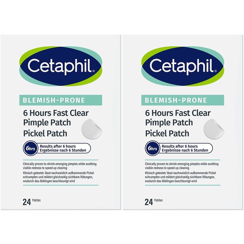 Deux paquets de Cetaphil Blemish-Prone Pimple Patch. Emballage blanc avec nom et logo du produit. Contient 24 patchs.