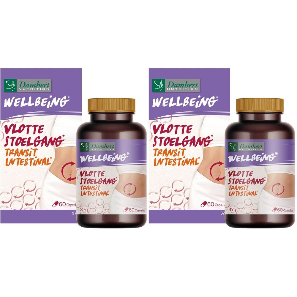Twee flessen en twee dozen. Op de flessen en dozen staat « Damhert Wellbeing Transit Intestinal ». Op de dozen is een afbeelding van een buik te zien.