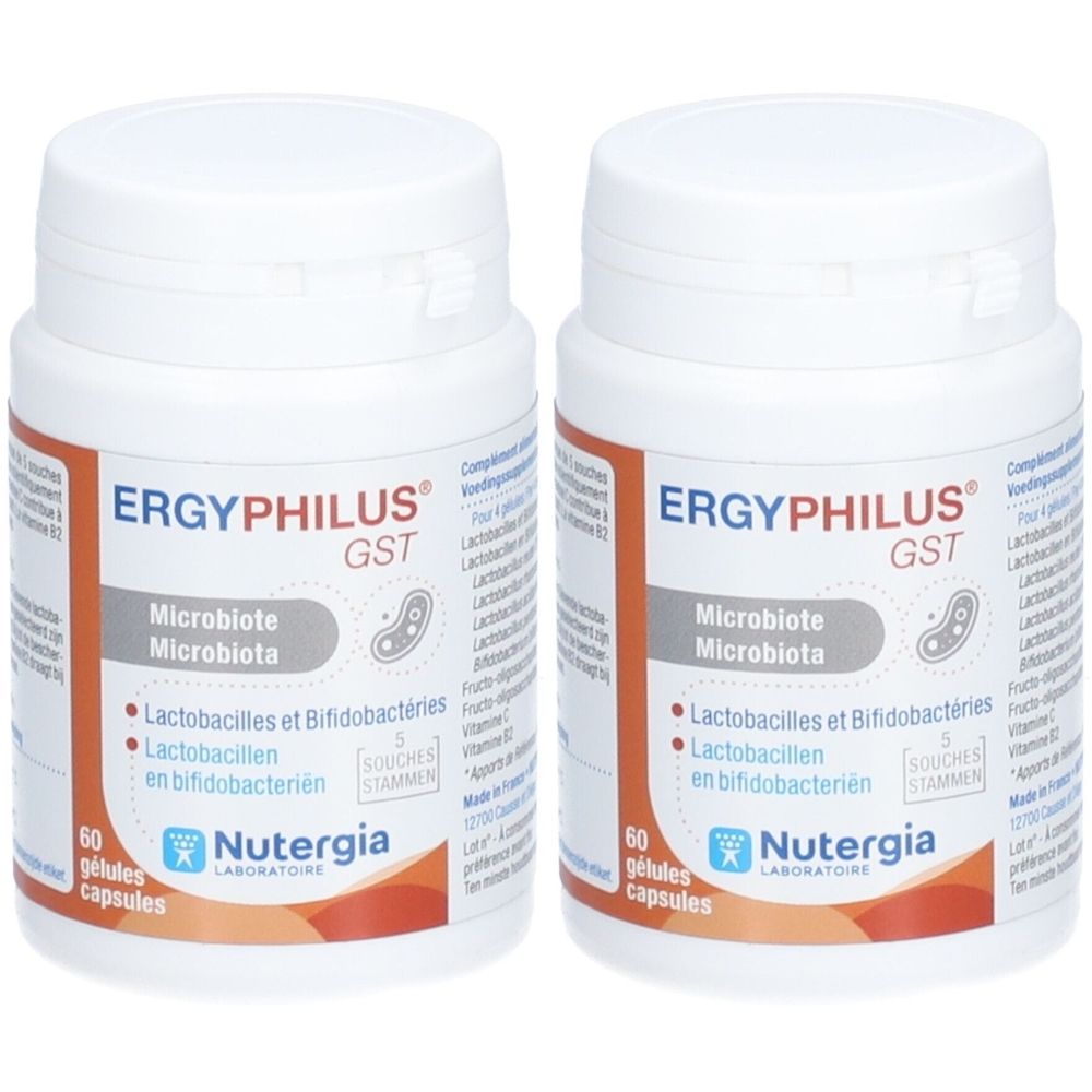 Twee witte flessen met oranje etiketten. Opschrift: Ergyphilus GST, Microbiote, 60 capsules. Merk: Nutergia.
