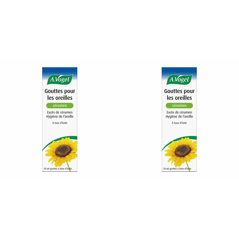 Deux boîtes de gouttes auriculaires A.Vogel. Emballage bleu et blanc avec tournesol. Texte : Gouttes pour les oreilles, excès de cérumen.