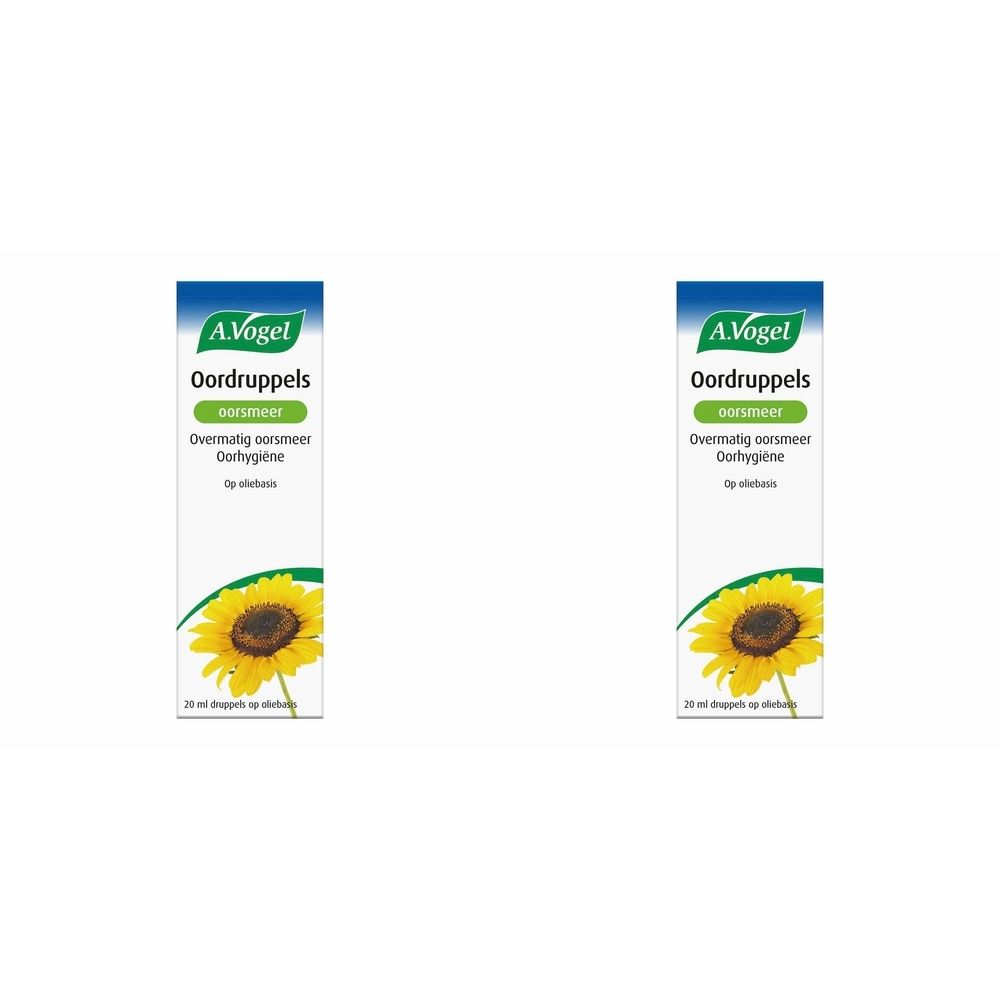 Twee dozen A.Vogel oordruppels. Blauw-witte verpakking met zonnebloem. Tekst: Oordruppels, overmatig oorsmeer.