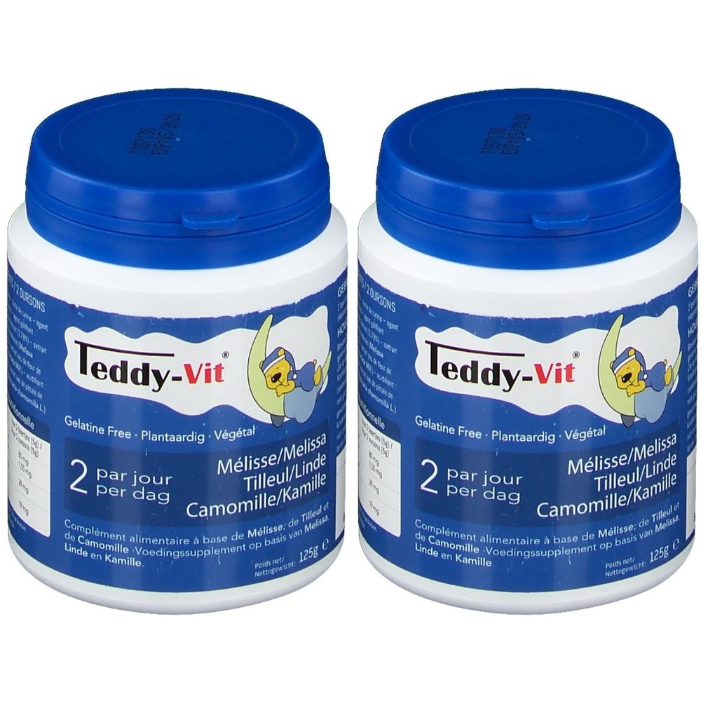 Twee witte potten met blauwe deksels. Opschrift: Teddy-Vit, Mélisse/Melissa, Tilleul/Linde, Camomille/Kamille. 2 per dag.