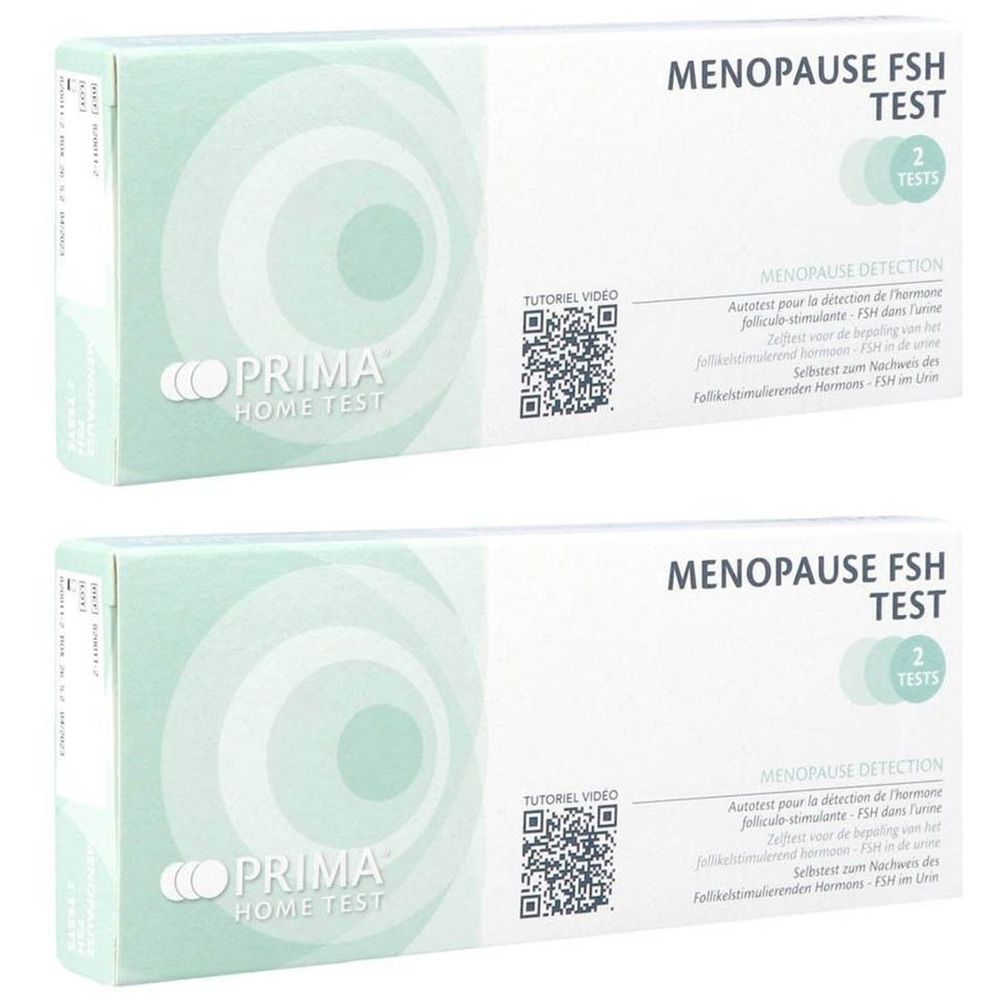 Twee dozen Prima Home Test Menopause FSH Test. Opschrift: Menopause FSH Test, 2 tests. Met QR-code en logo.