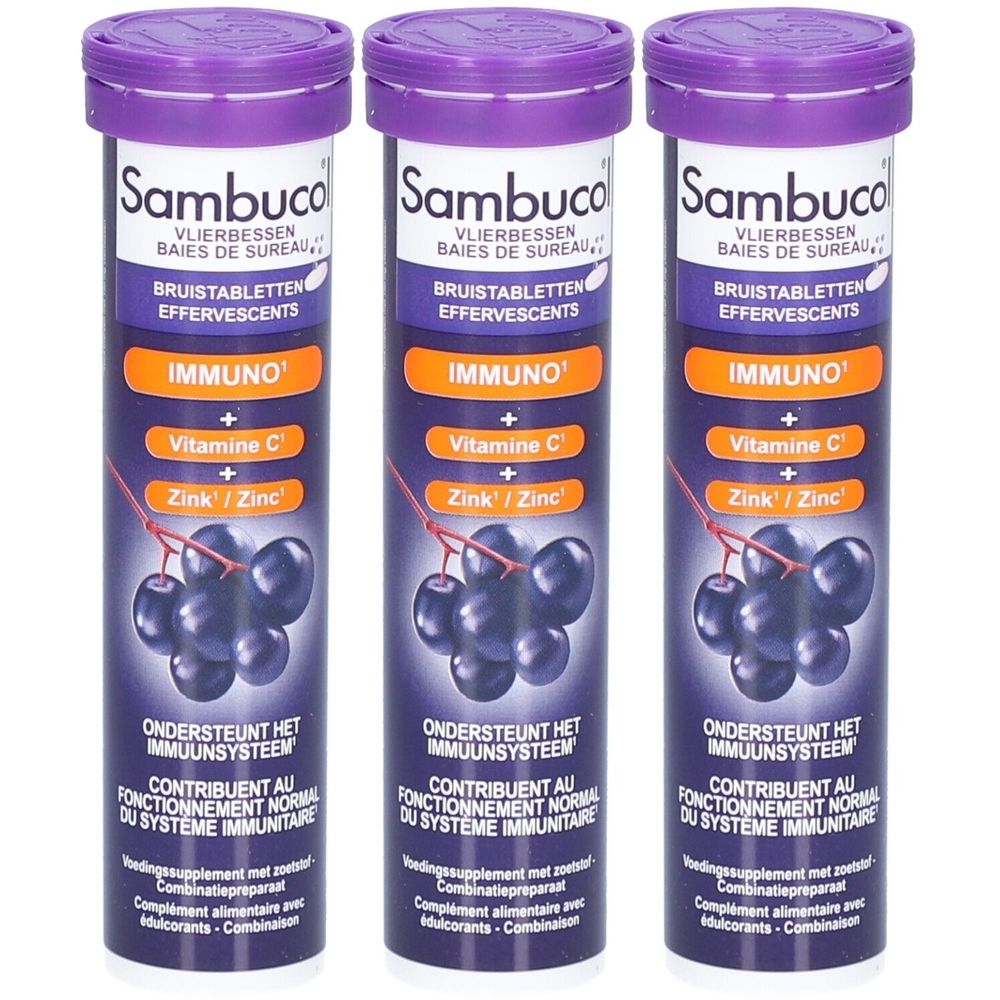 Trois tubes cylindriques violets. Inscription Sambuco, Immuno, Vitamine C, Zinc. Illustration de baies de sureau.