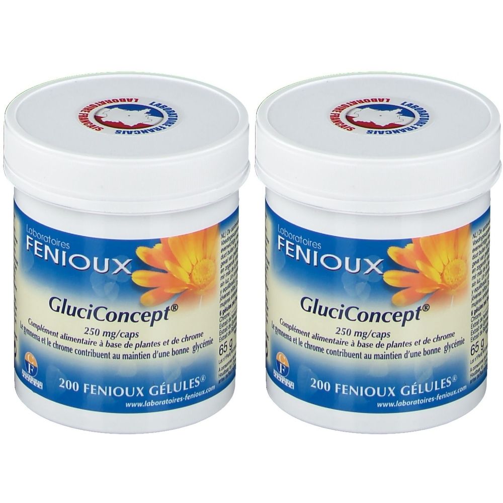 Twee witte potten met deksels. Opschrift: Fenioux, Gluciconcept, 250 mg/caps, 200 Gélules. Bloemenlogo.