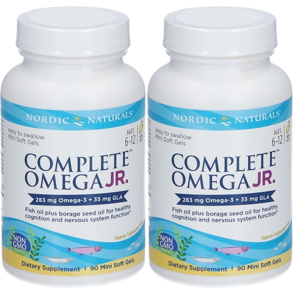 Deux flacons blancs avec étiquettes bleues. Inscription : COMPLETE OMEGA JR. Contient 283 mg d'oméga-3 et 35 mg de GLA. Pour les enfants de 6 à 12 ans.