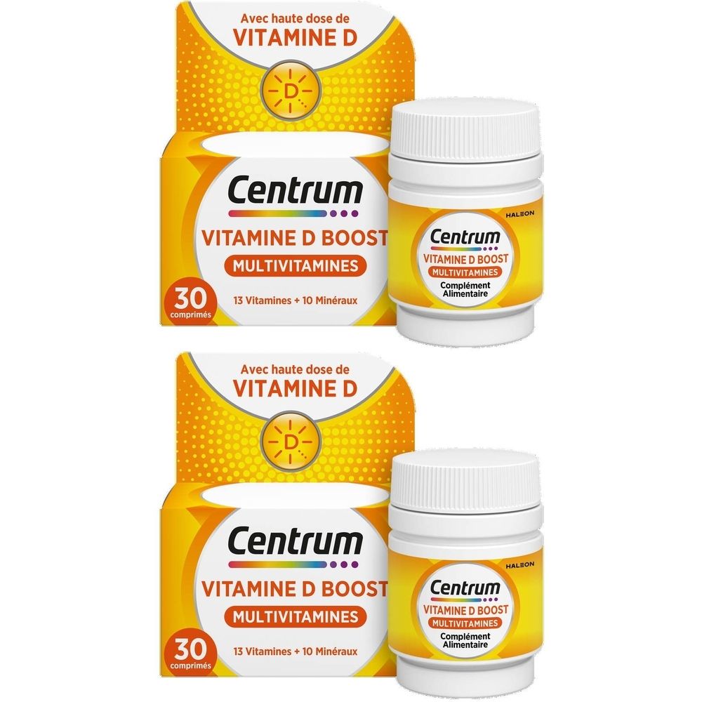 Deux boîtes et deux flacons Centrum Vitamine D Boost Multivitamines. Emballage jaune avec informations produit.