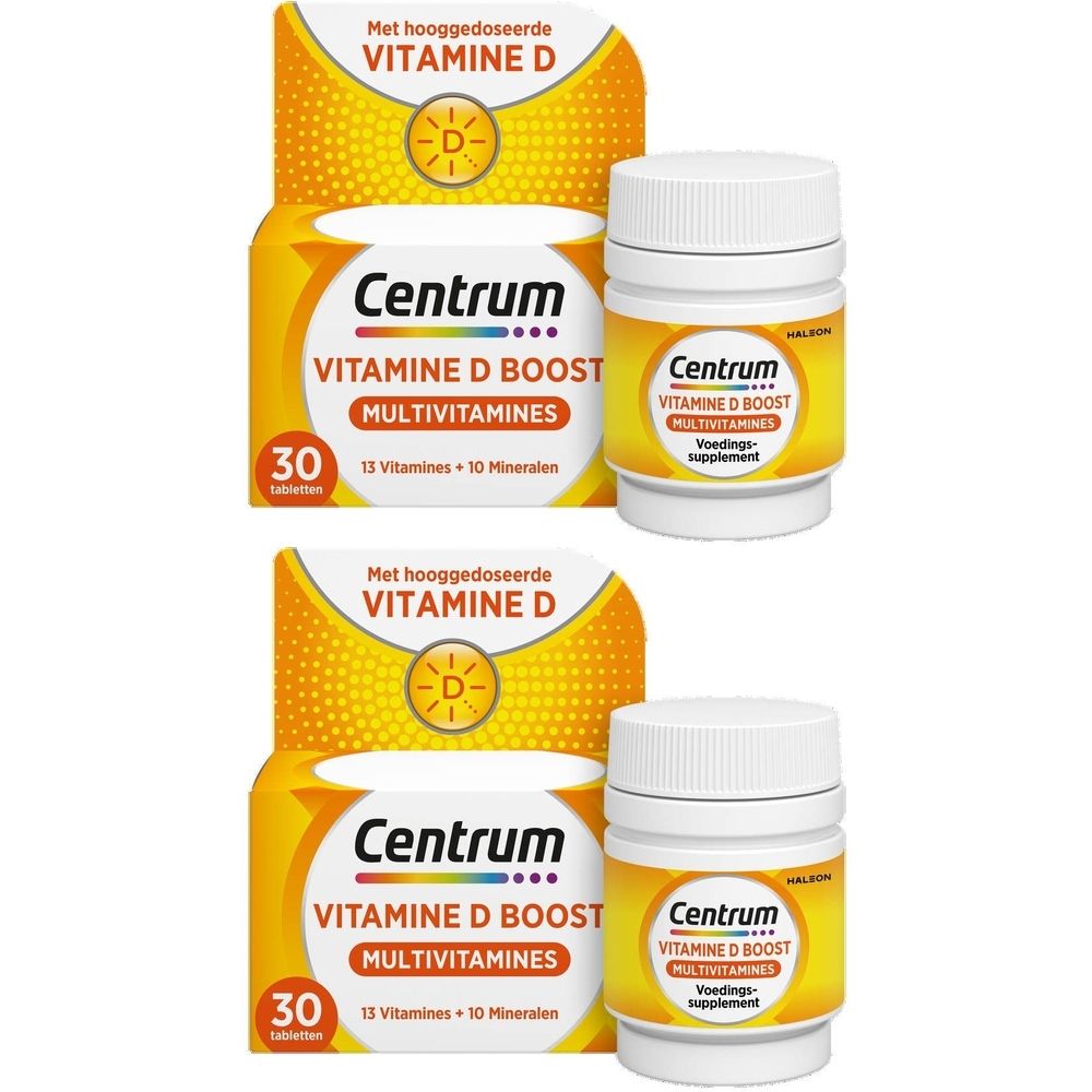 Twee dozen en twee flessen Centrum Vitamine D Boost Multivitamines. Gele verpakking met productinfo.
