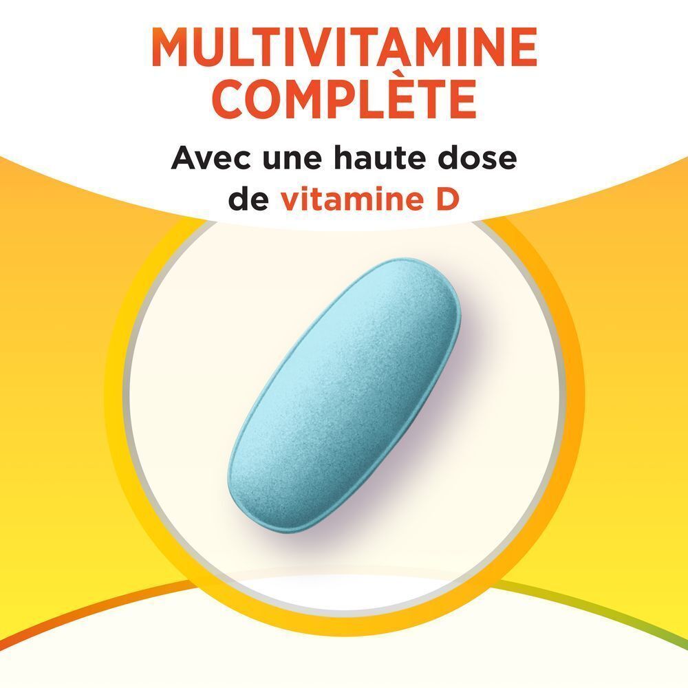 Comprimé multivitaminé bleu ovale. Sur fond jaune avec texte: Multivitamine complète.