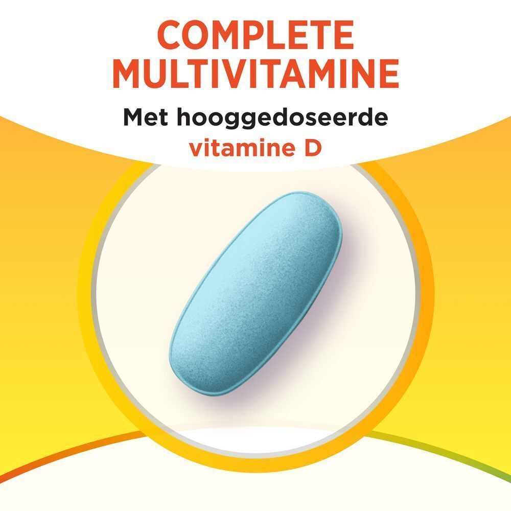 Blauwe, ovale multivitamine tablet. Op gele achtergrond met tekst: Complete multivitamine.