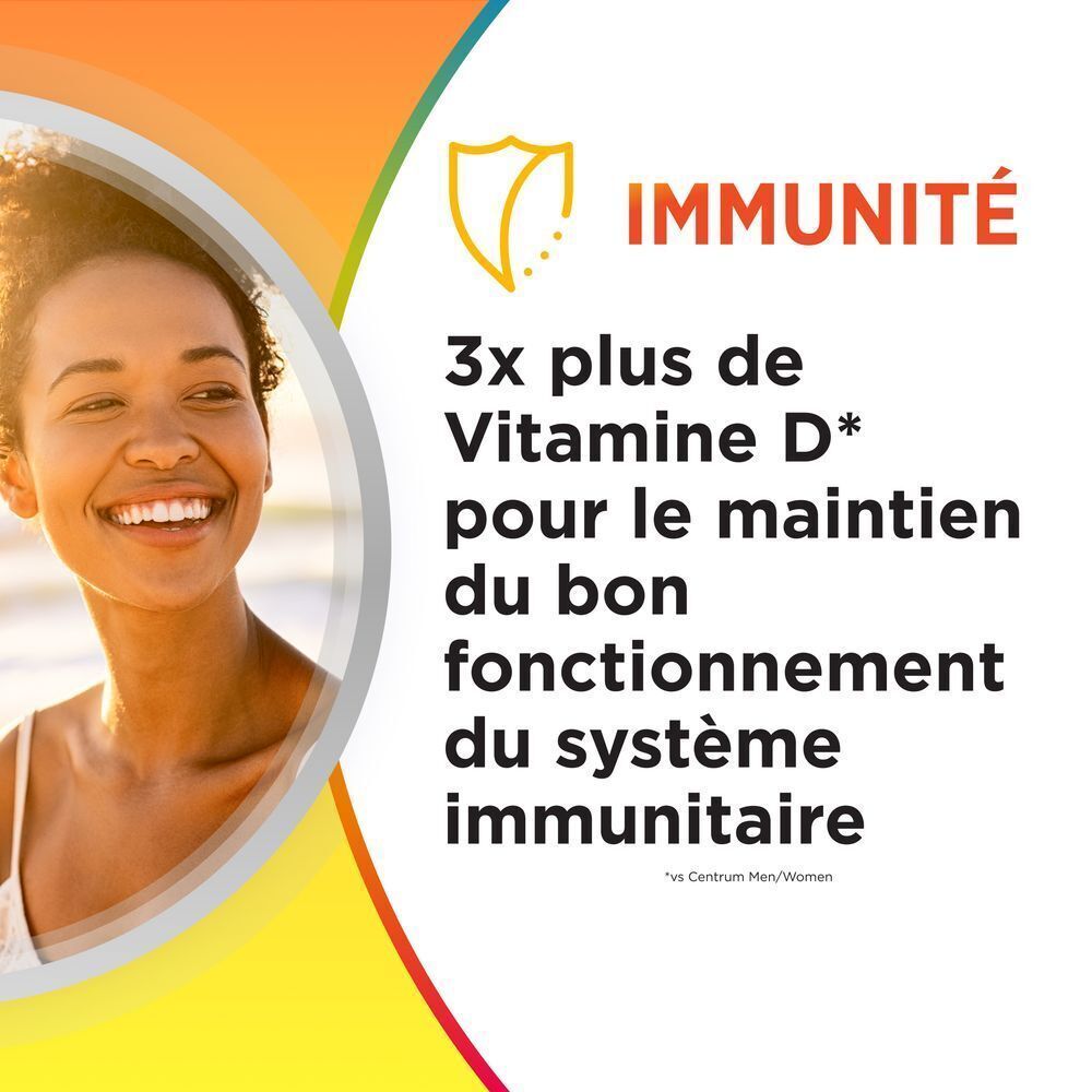 Femme souriante. Texte: Immunité. 3x plus de Vitamine D* pour le maintien du bon fonctionnement du système immunitaire.