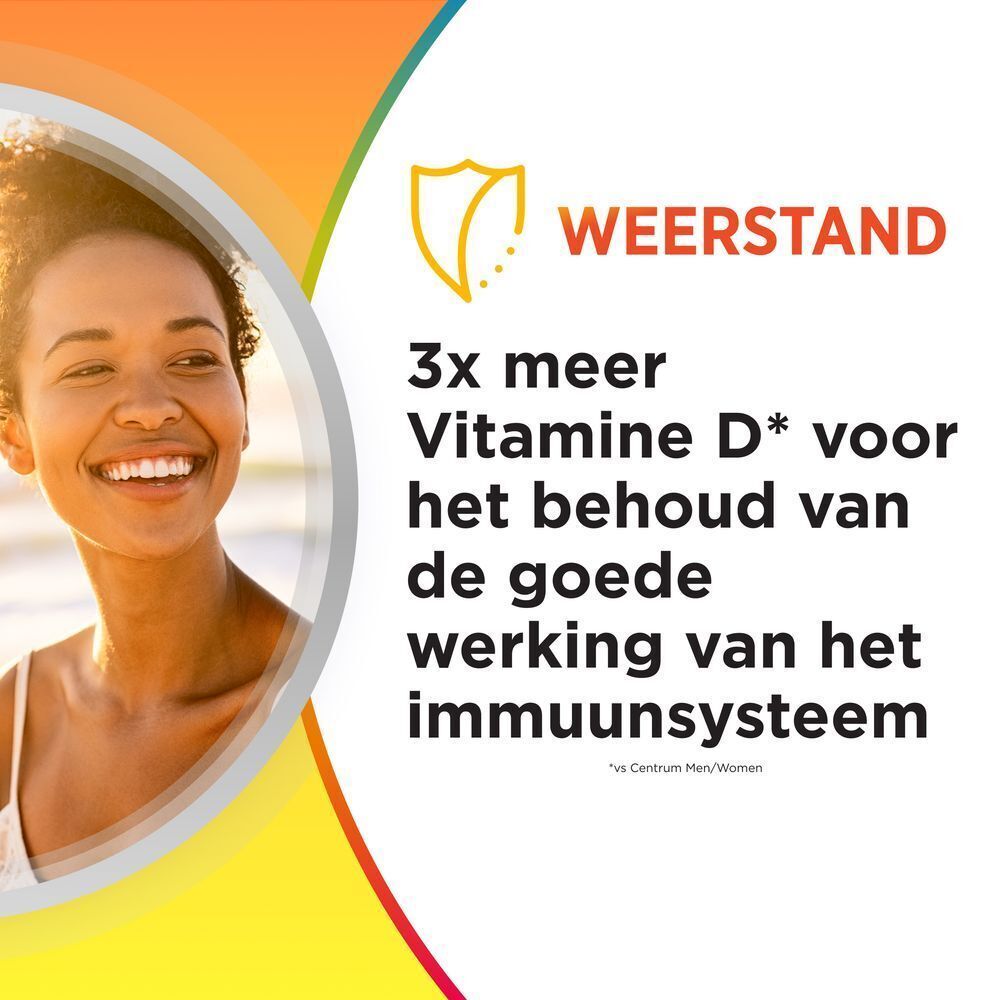 Lachende vrouw. Tekst: Weerstand. 3x meer Vitamine D* voor het behoud van de goede werking van het immuunsysteem.