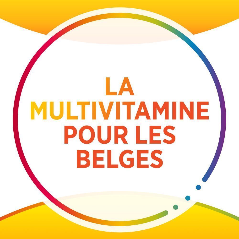 Fond circulaire avec texte: La Multivitamine pour les Belges.