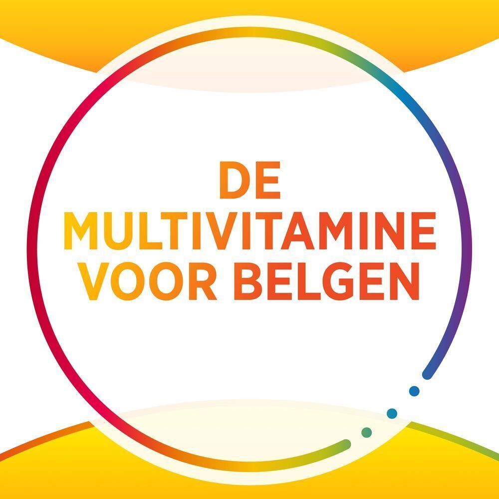 Cirkelvormige achtergrond met tekst: De Multivitamine voor Belgen.
