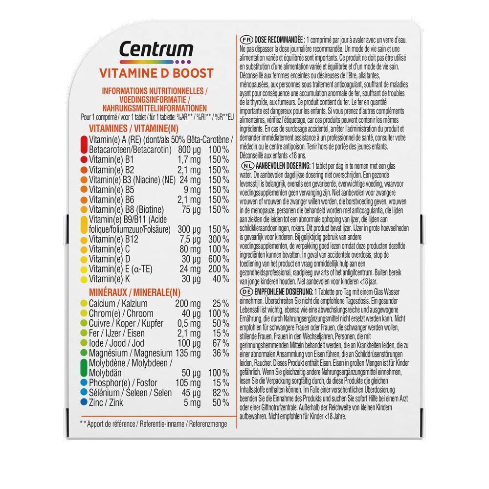 Dos de l'emballage de Centrum Vitamine D Boost Multivitamines. Informations nutritionnelles.
