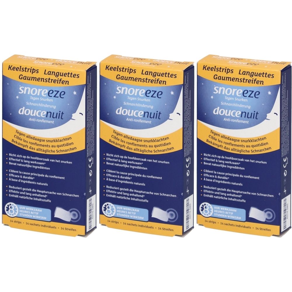 Drie dozen Snoreeze keelstrips. Geel-blauwe verpakking met productnaam en maansymbool. Bevat 24 strips.