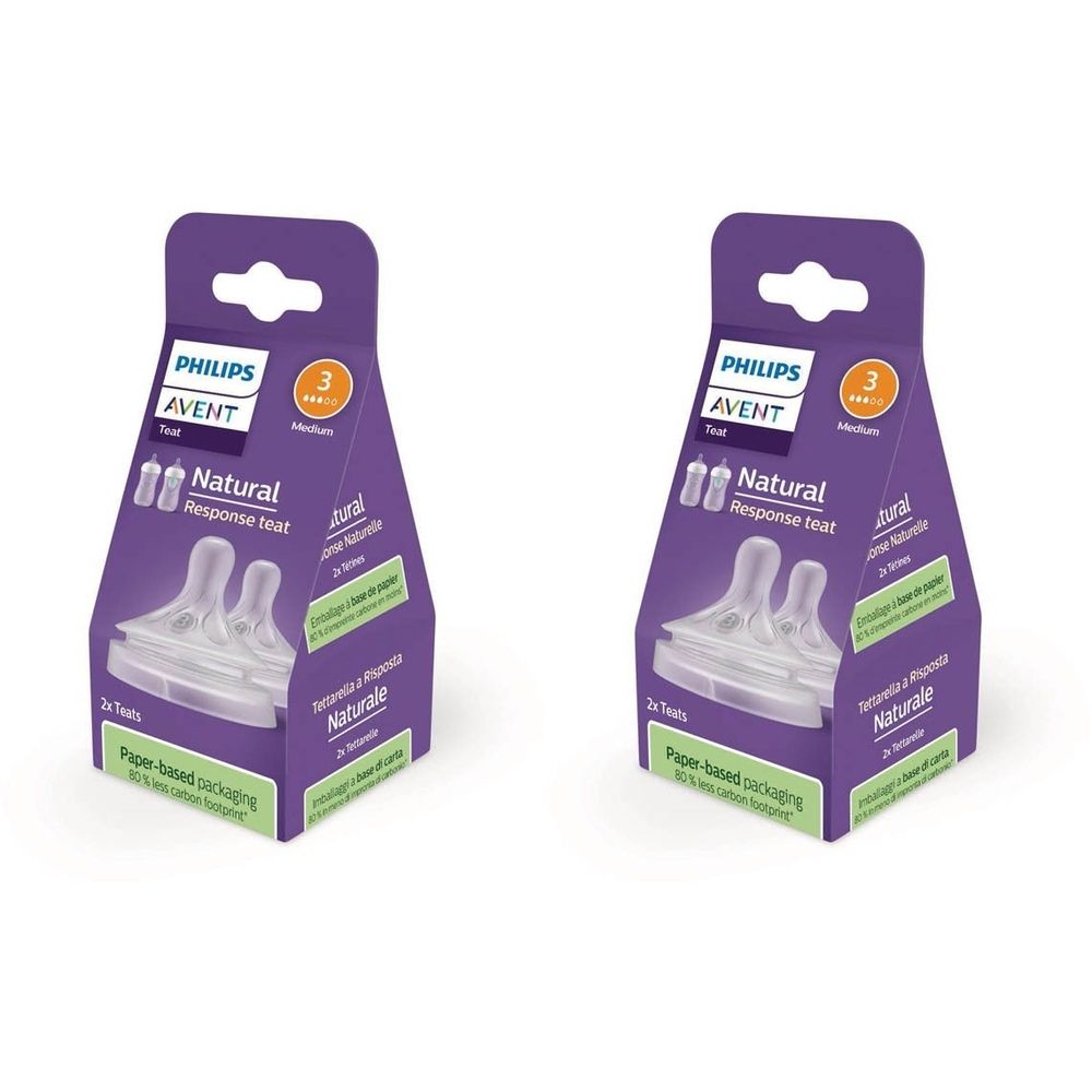 Twee verpakkingen Philips Avent Natural Response spenen. Paarse verpakking met naam en merk. Flow 3.