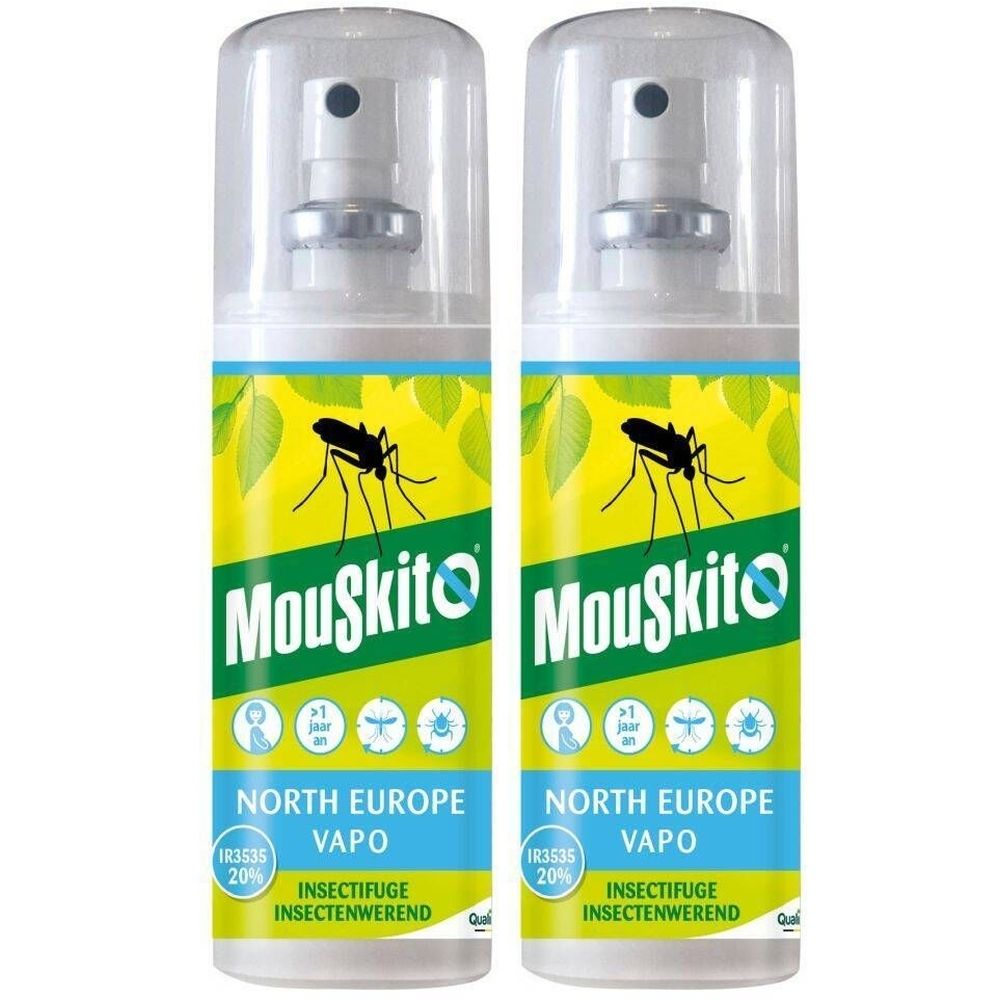 Twee Mouskito sprays. Opschrift: North Europe Vapo, insectenwerend. Transparante dop, sproeikop.
