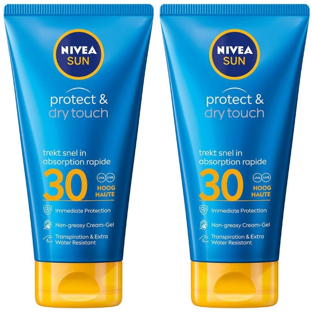 Deux tubes bleus avec bouchon jaune. Inscription : Nivea Sun, Protect & Dry Touch, SPF 30. Texte en français et néerlandais.