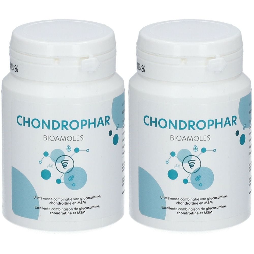 Deux flacons blancs avec l'inscription CHONDROPHAR. Étiquettes bleues avec texte et logo. Bouchons blancs.