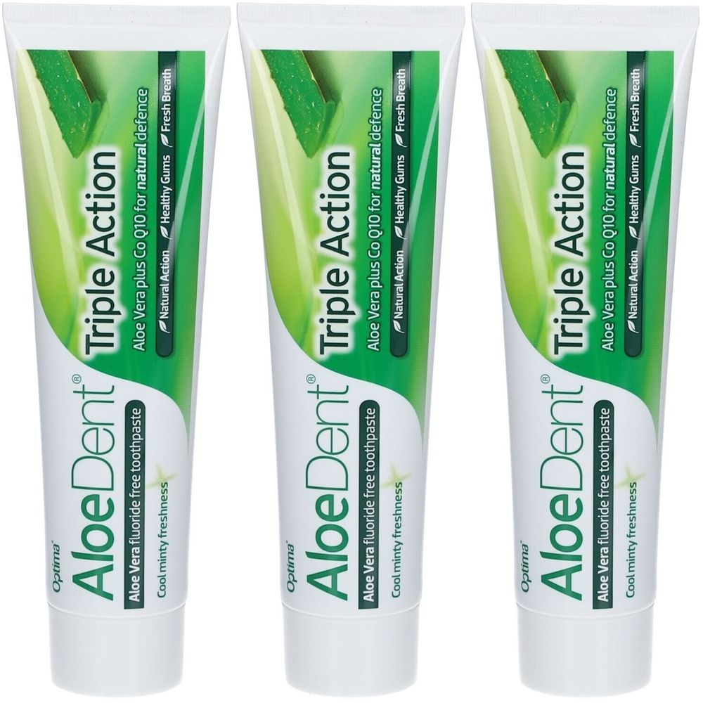 Trois tubes de dentifrice. Inscription: AloeDent Triple Action, Aloe Vera, sans fluor, Cool Minty Freshness. Design vert et blanc.