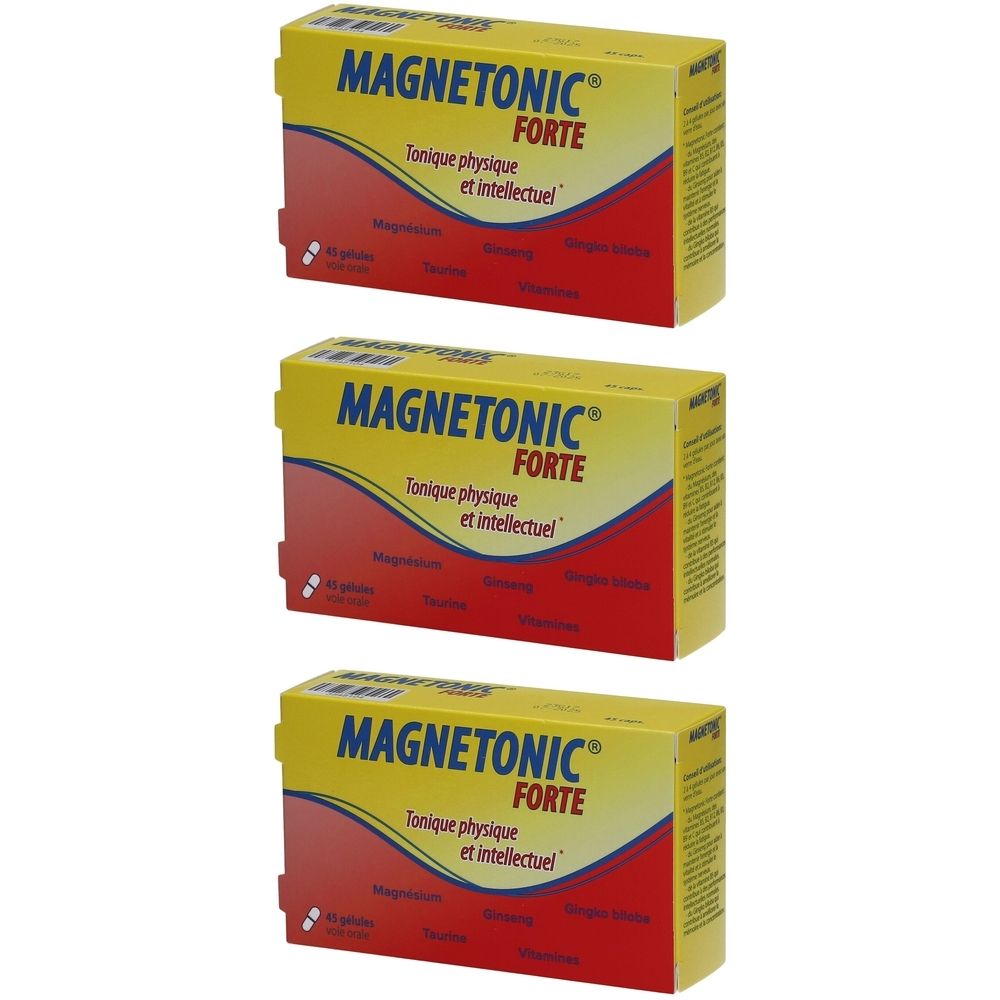 Drie dozen Magnetonic Forte. Geel-rode verpakking met productnaam en informatie. Gestapeld.