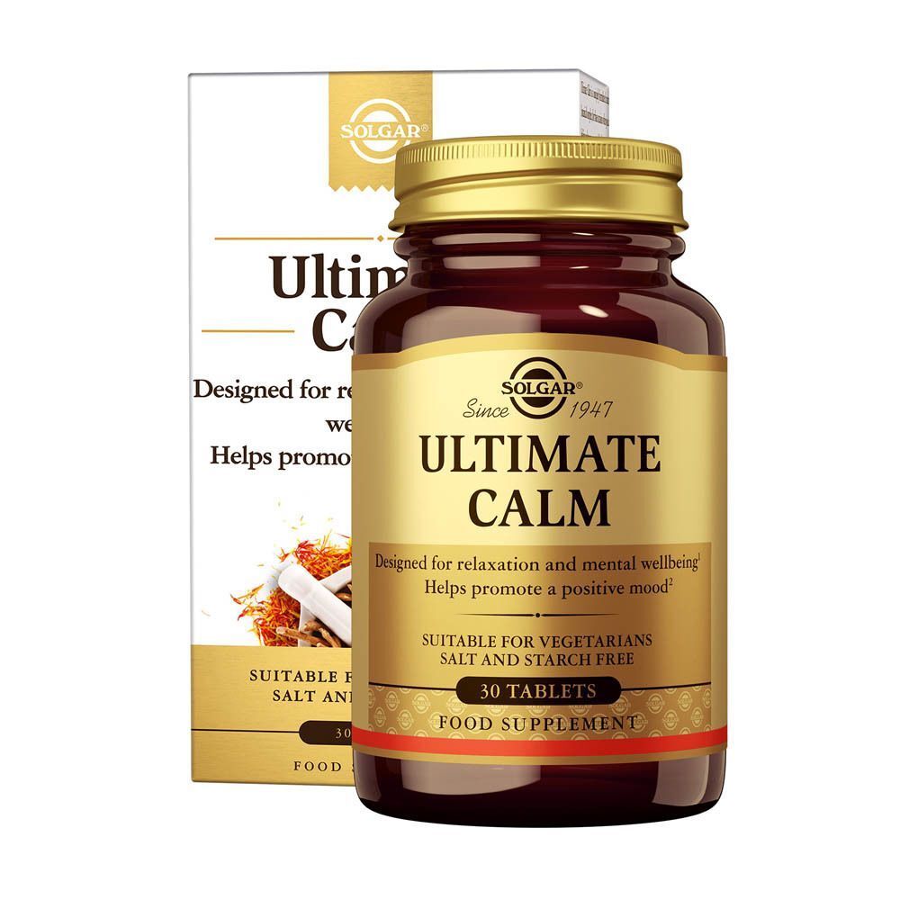 Solgar Ultimate Calm fles met doos. Bruine glazen fles met gouden dop. Tekst: Ultimate Calm, 30 tabletten. Doos op de achtergrond.