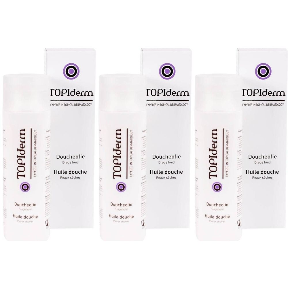 Meerdere flessen en verpakkingen van Topiderm Huile de Douche. Opschrift: Doucheolie, Huile douche, Peaux sèches.