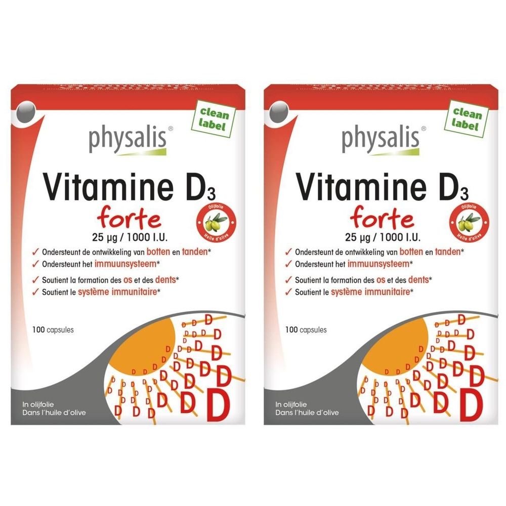 Deux boîtes de Physalis Vitamine D3 Forte. Emballage blanc avec texte rouge et vert. Contient 100 capsules.