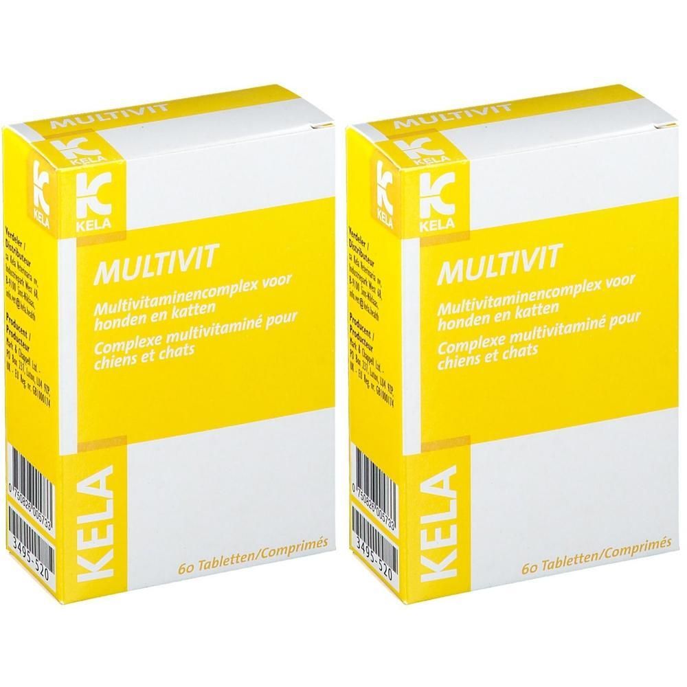 Deux boîtes jaune et blanche avec "MULTIVIT" et "KELA". Texte en néerlandais et français. Contient 60 comprimés.