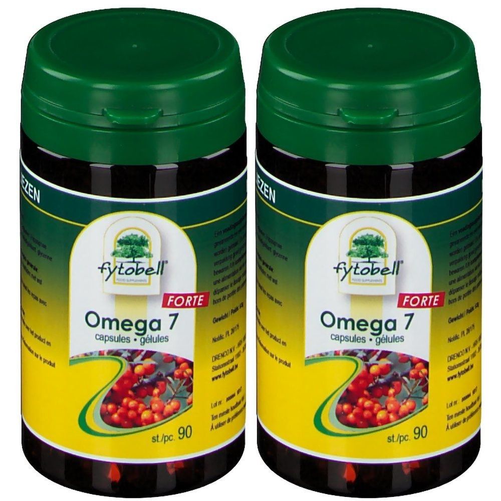 Twee flessen met groene deksels. Op het etiket staat "fytobell Omega 7 Forte". De flessen bevatten capsules.