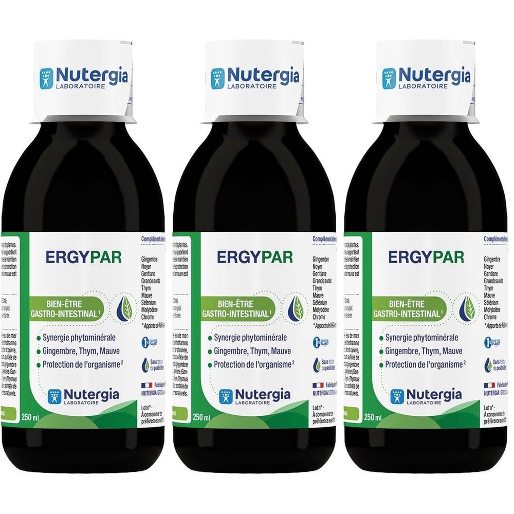 Trois flacons de Nutergia Ergypar. Liquide noir dans des bouteilles en verre avec des étiquettes blanches. Inscription : Ergypar, Bien-être gastro-intestinal.