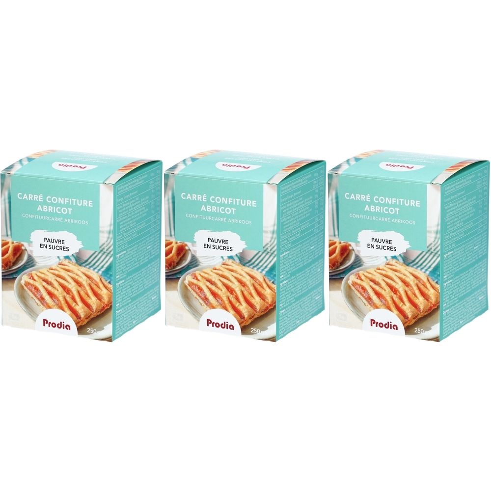 Drie vierkante dozen met gebak. Opschrift: Carré Confiture Abricot, Pauvre en Sucres. Merk: Prodia.