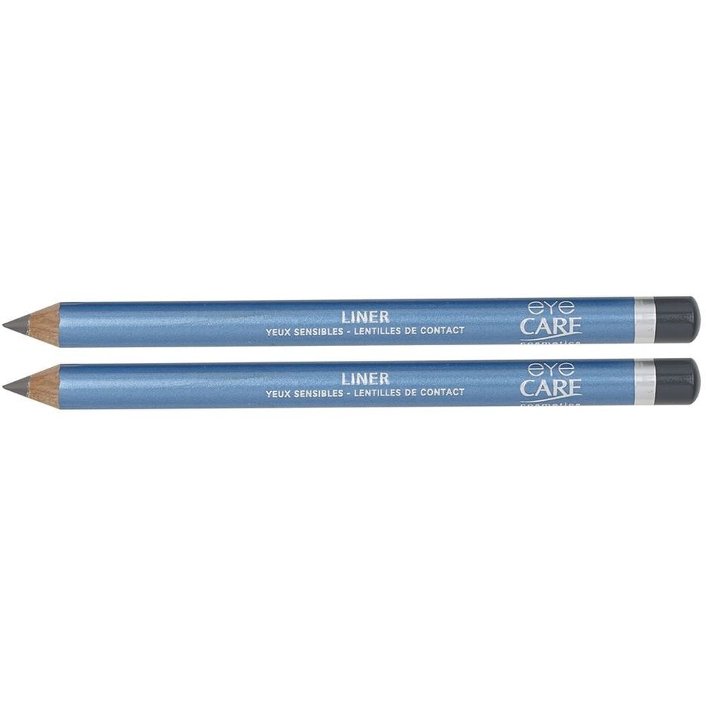 Deux crayons eye-liner gris. Crayons bleus avec l'inscription "LINER" et "EYE CARE". Pour yeux sensibles et lentilles.