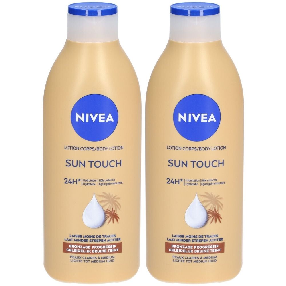 Twee flessen Nivea Sun Touch lotion. Beige flessen met blauwe dop en etiket. Opschrift: Sun Touch, 24H.