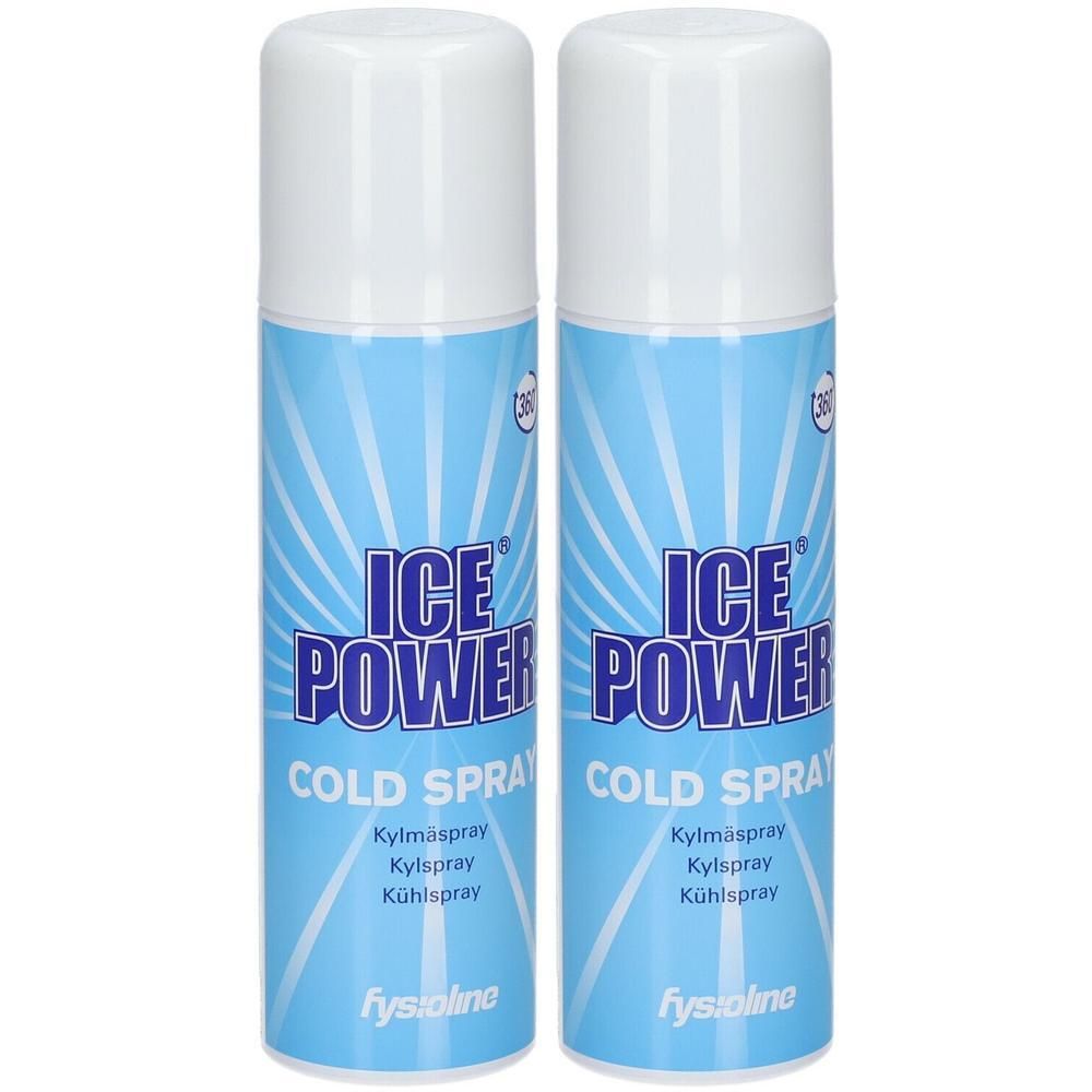 Twee blauwe sprays met witte doppen. Opschrift: ICE POWER COLD SPRAY. Merk: Fysioline.